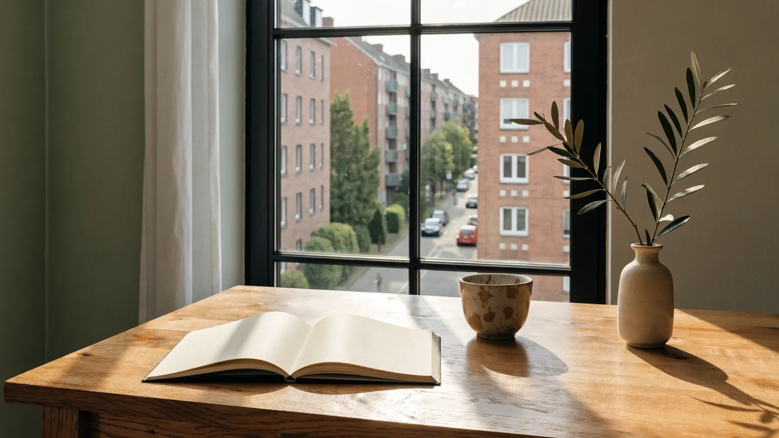 Heller Schreibtisch mit Notizbuch, Tasse und Olivenzweig vor einem Fenster auf eine Wohnstraße