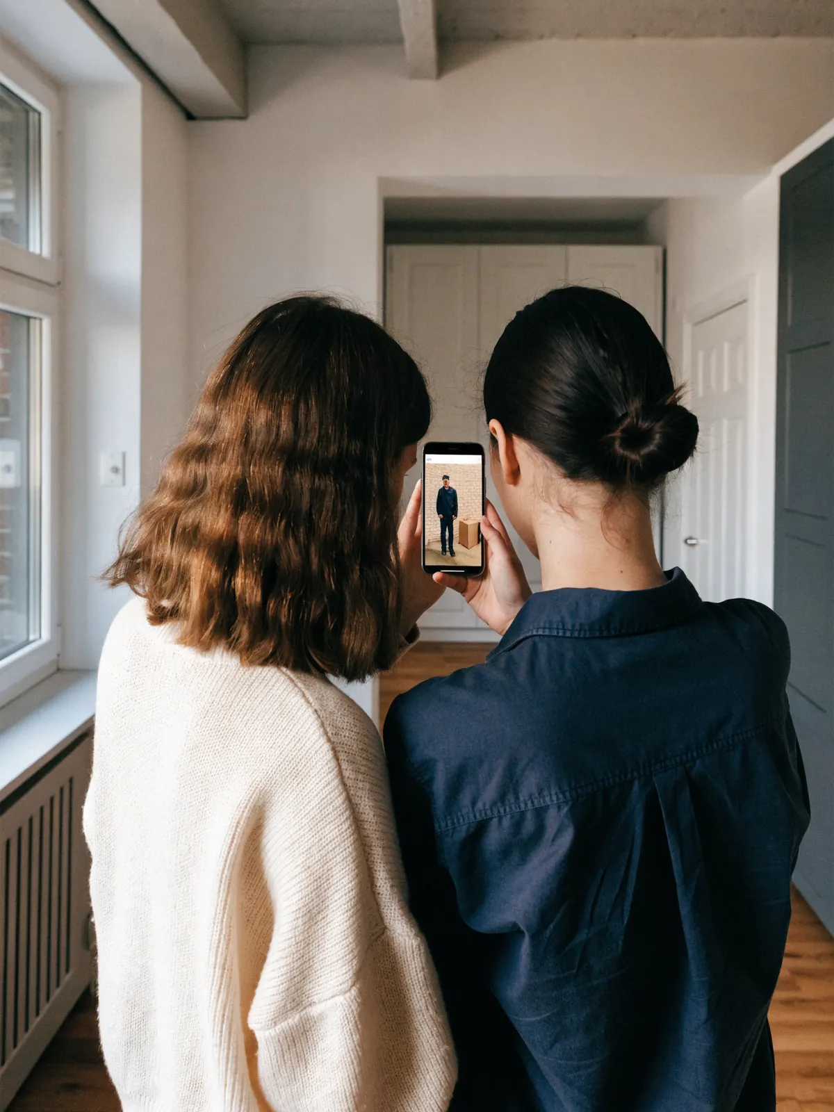 Zwei Frauen von hinten schauen auf ein Smartphone, dessen Bildschirm eine Kameraaufnahme eines Mannes zeigt